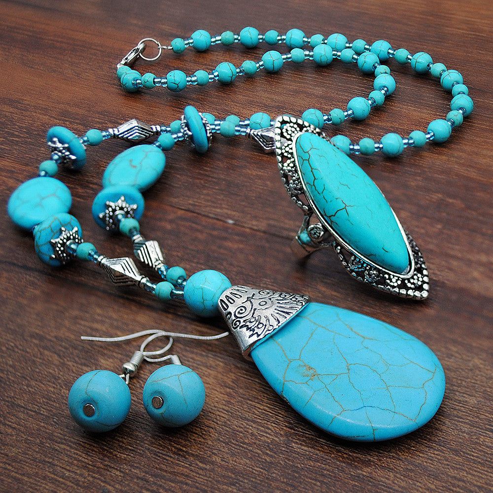Boho Retro Turquoise Jewelry Set - Necklace, Earrings, Ring & Bracelet - Turquoise Glow