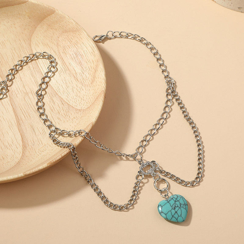Boho Turquoise Heart Body Chain - Delicate Silver Layered Jewelry - Turquoise Glow