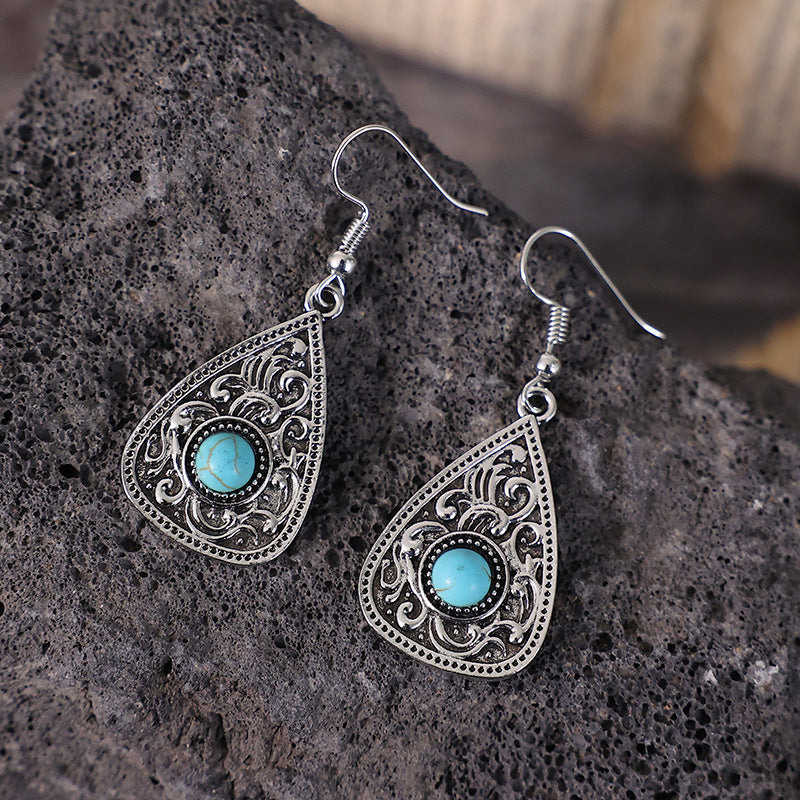 Boho Ethnic Turquoise Teardrop Earrings - Bronze Vintage Pattern Design - Turquoise Glow