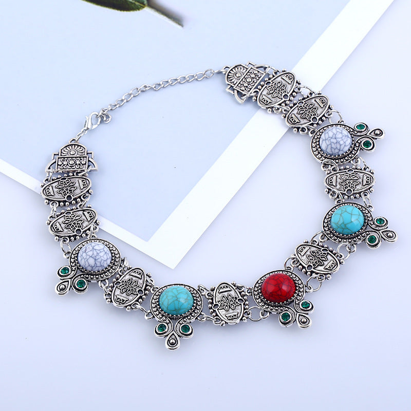 Boho Vintage Turquoise Bead Chocker Necklace - Short Statement Design - Turquoise Glow