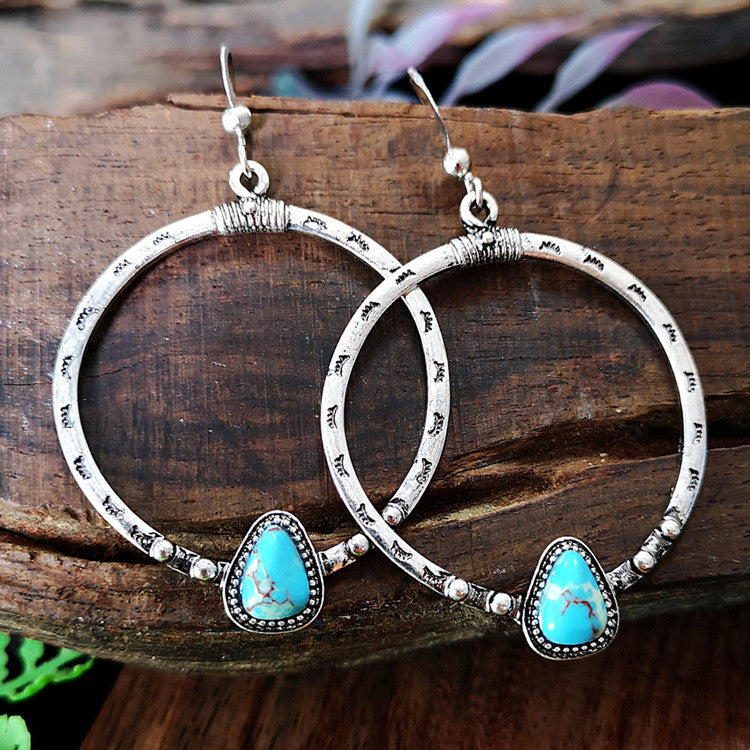 Boho Turquoise Teardrop Hoop Earrings - Vintage Silver Statement Jewelry - Turquoise Glow