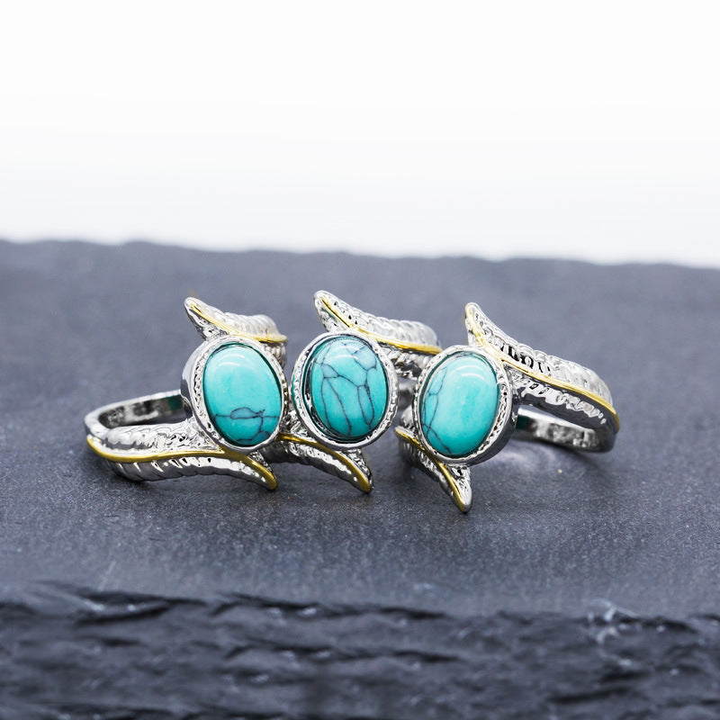 Boho Turquoise Feather Ring - Adjustable Vintage Silver Band - Turquoise Glow