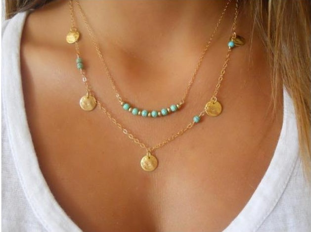 Multi-Layer Round Turquoise pendant Necklace - Boho Chic Layered Jewelry - Turquoise Glow