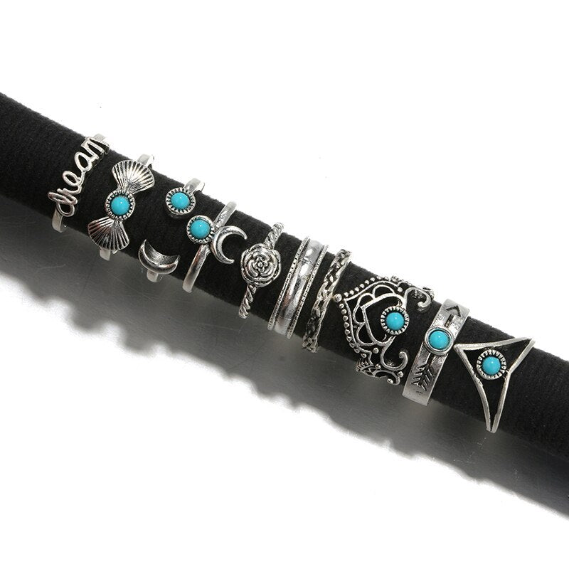 Crescent Turquoise Ring Set - Boho Vintage Stackable Rings (6 Pieces) - Turquoise Glow