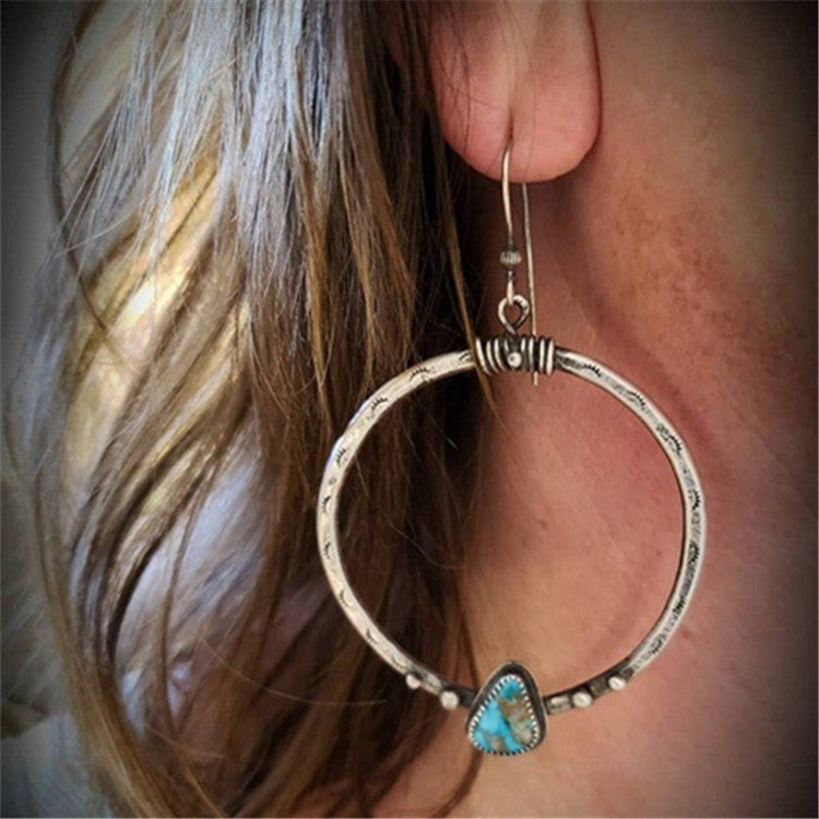 Boho Turquoise Teardrop Hoop Earrings - Vintage Silver Statement Jewelry - Turquoise Glow