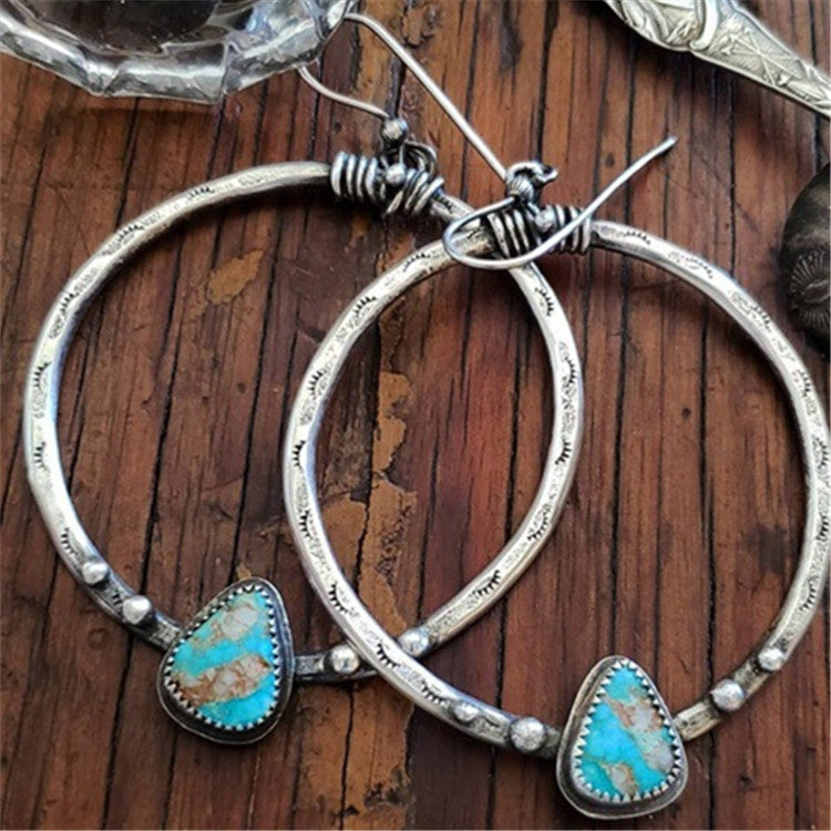 Boho Turquoise Teardrop Hoop Earrings - Vintage Silver Statement Jewelry - Turquoise Glow