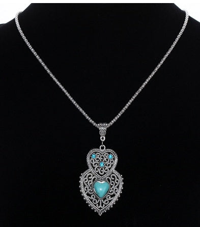 Boho Vintage Turquoise Pendant Necklace - Intricate Silver Hollow Design - Turquoise Glow