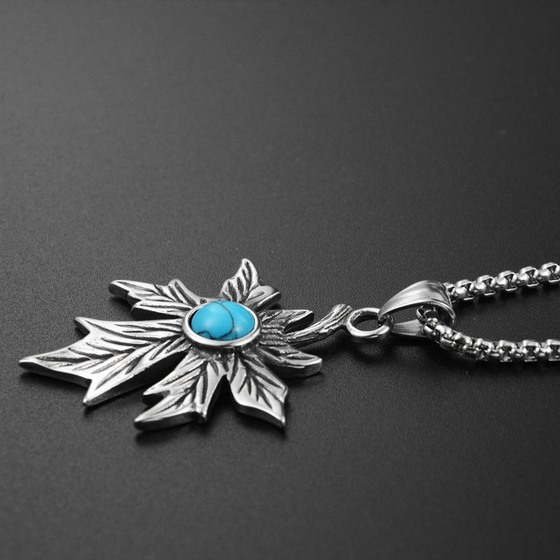 Retro Turquoise Maple Leaf Pendant Necklace - Titanium Steel Chain For Men & Women - Turquoise Glow