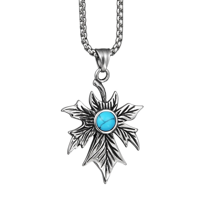 Retro Turquoise Maple Leaf Pendant Necklace - Titanium Steel Chain For Men & Women - Turquoise Glow