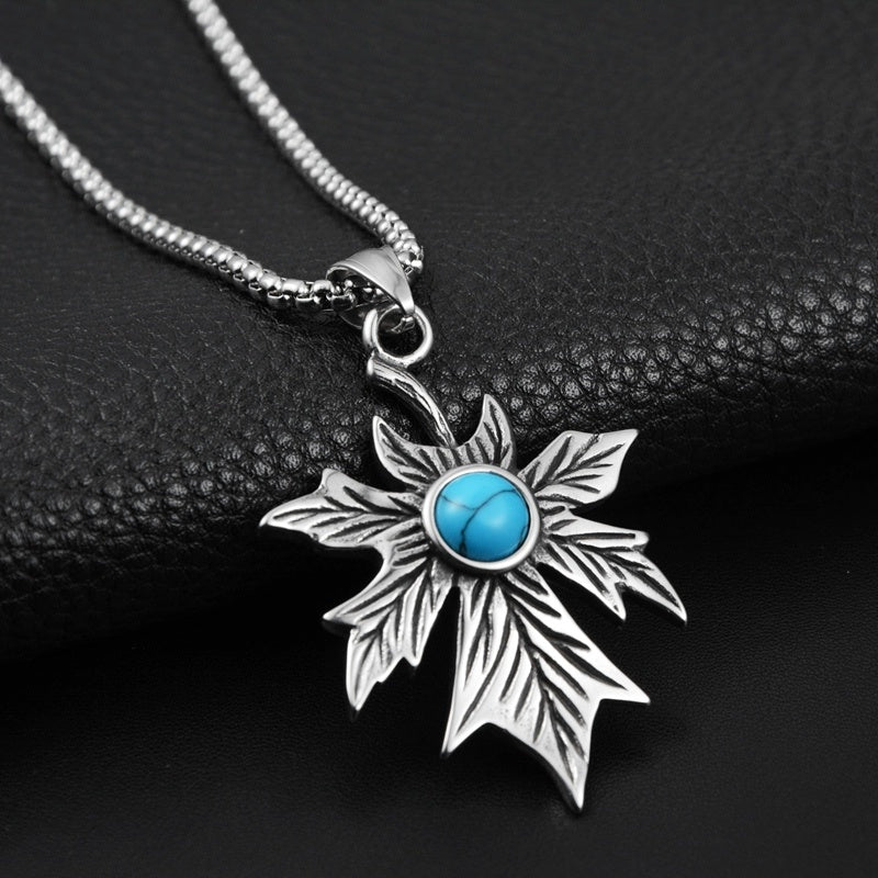 Retro Turquoise Maple Leaf Pendant Necklace - Titanium Steel Chain For Men & Women - Turquoise Glow