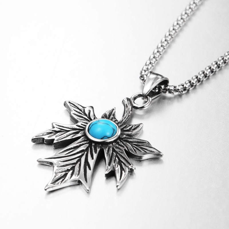 Retro Turquoise Maple Leaf Pendant Necklace - Titanium Steel Chain For Men & Women - Turquoise Glow