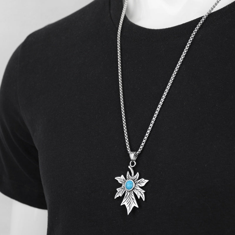 Retro Turquoise Maple Leaf Pendant Necklace - Titanium Steel Chain For Men & Women - Turquoise Glow