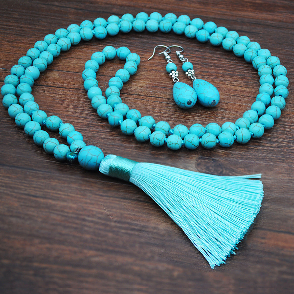Boho Retro Turquoise Jewelry Set -  Necklace, Earrings, Ring & Bracelet - Turquoise Glow