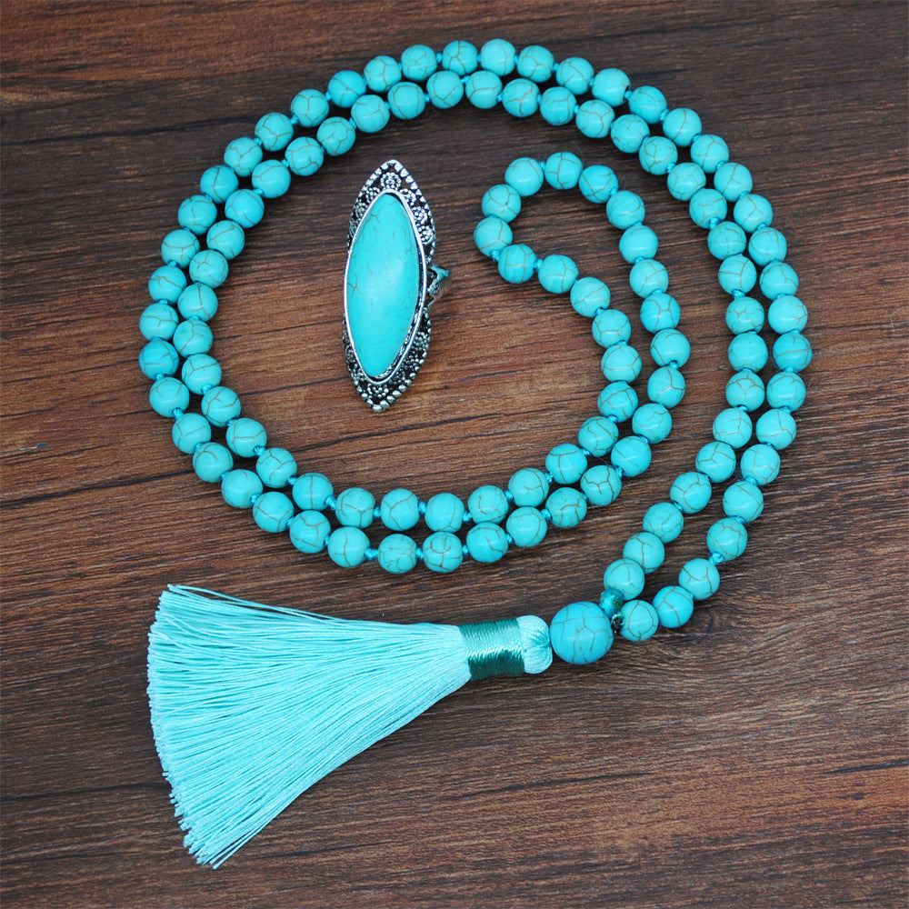Boho Retro Turquoise Jewelry Set -  Necklace, Earrings, Ring & Bracelet - Turquoise Glow