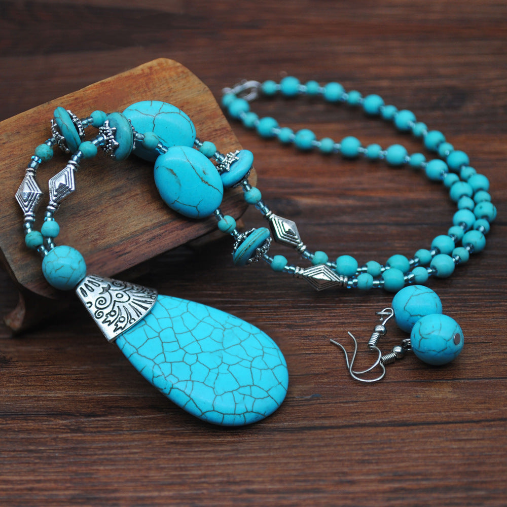 Boho Retro Turquoise Jewelry Set -  Necklace, Earrings, Ring & Bracelet - Turquoise Glow