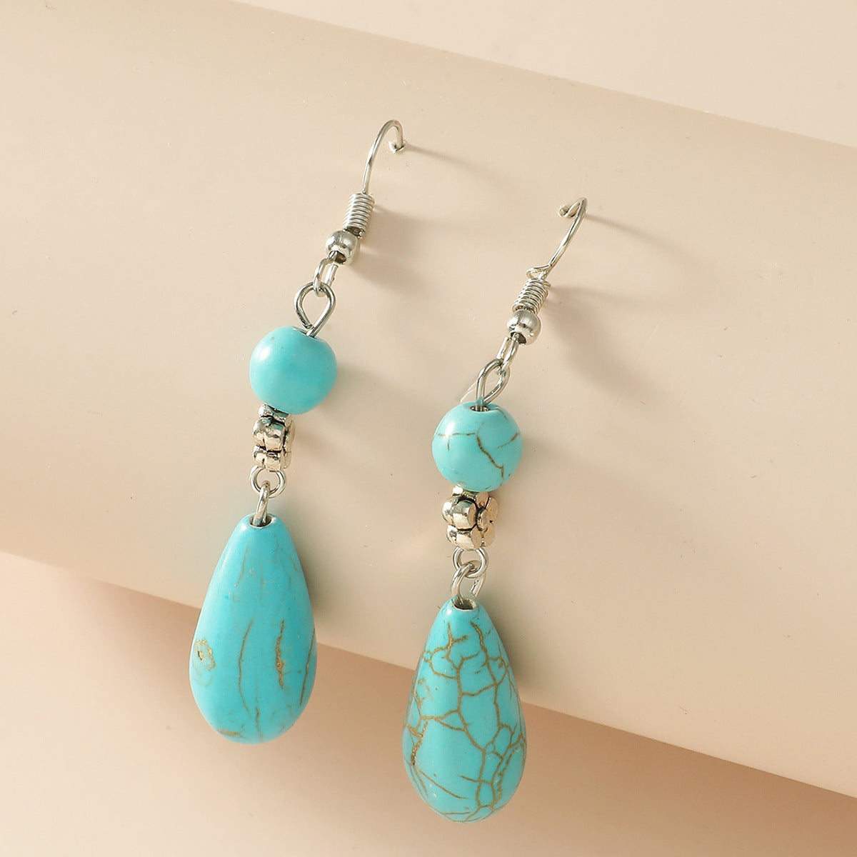 Turquoise Teardrop Dangle Earrings - Tibetan Silver Ethnic Style - Turquoise Glow
