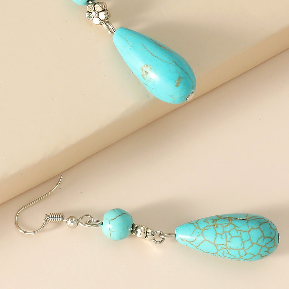 Turquoise Teardrop Dangle Earrings - Tibetan Silver Ethnic Style - Turquoise Glow
