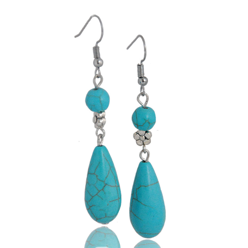 Turquoise Teardrop Dangle Earrings - Tibetan Silver Ethnic Style - Turquoise Glow