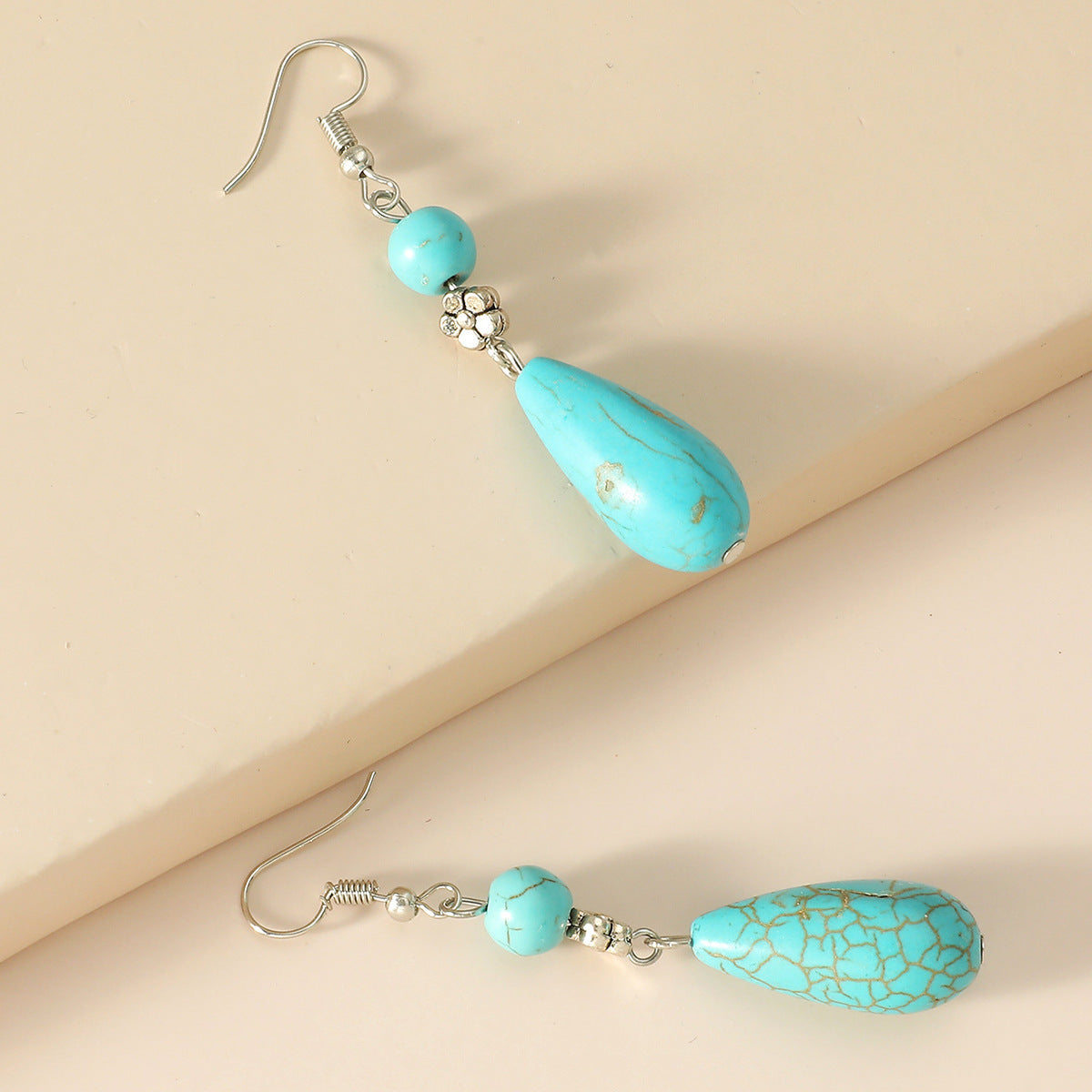 Turquoise Teardrop Dangle Earrings - Tibetan Silver Ethnic Style - Turquoise Glow
