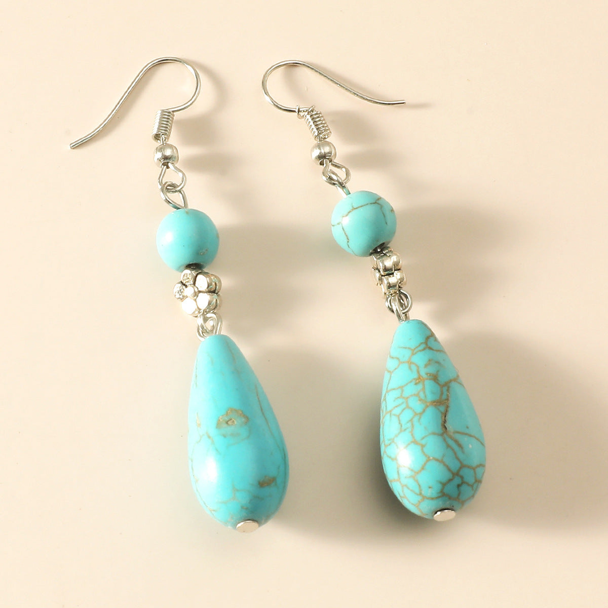 Turquoise Teardrop Dangle Earrings - Tibetan Silver Ethnic Style - Turquoise Glow