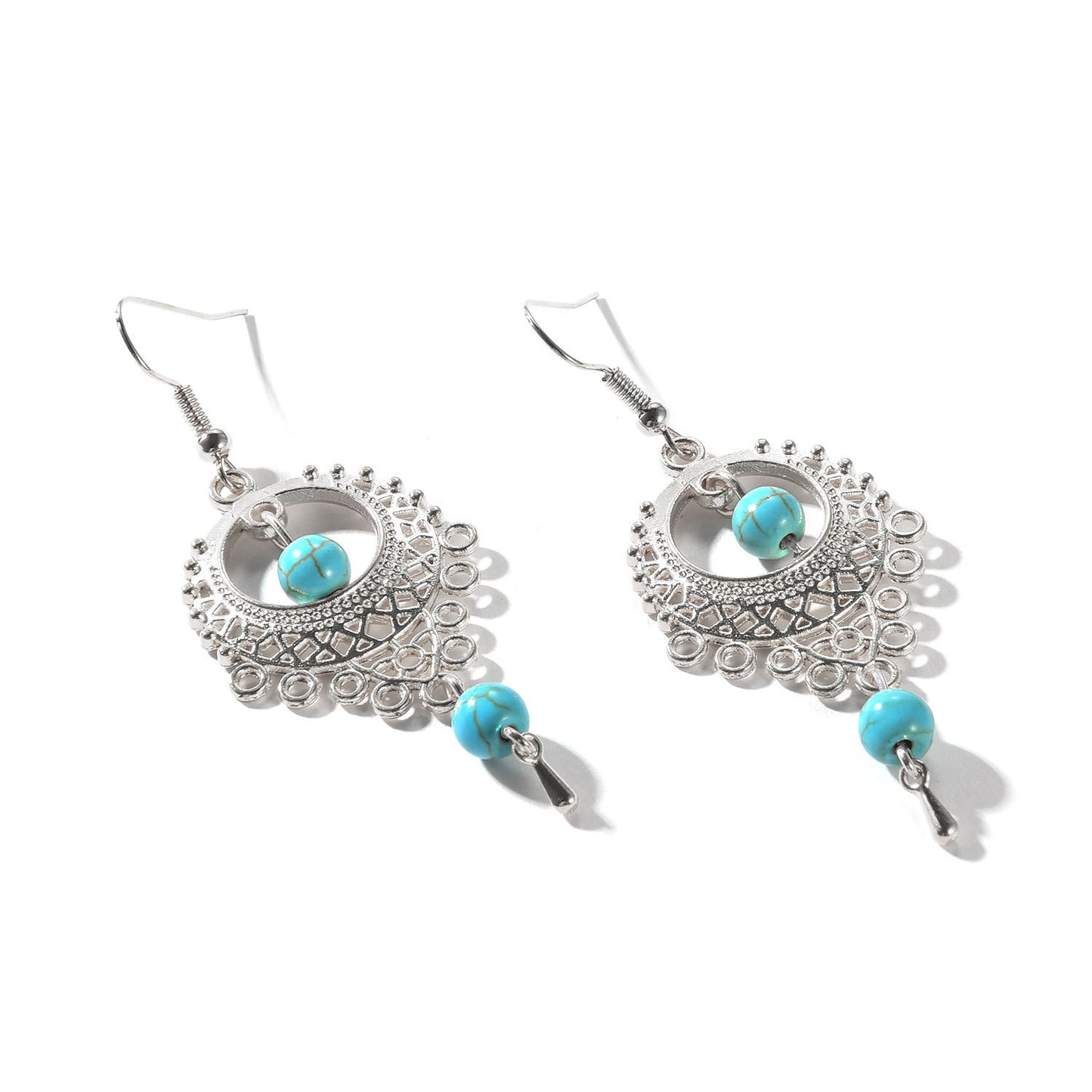 Boho Vintage Turquoise Drop Earrings - Exquisite Hollow Silver Design - Turquoise Glow