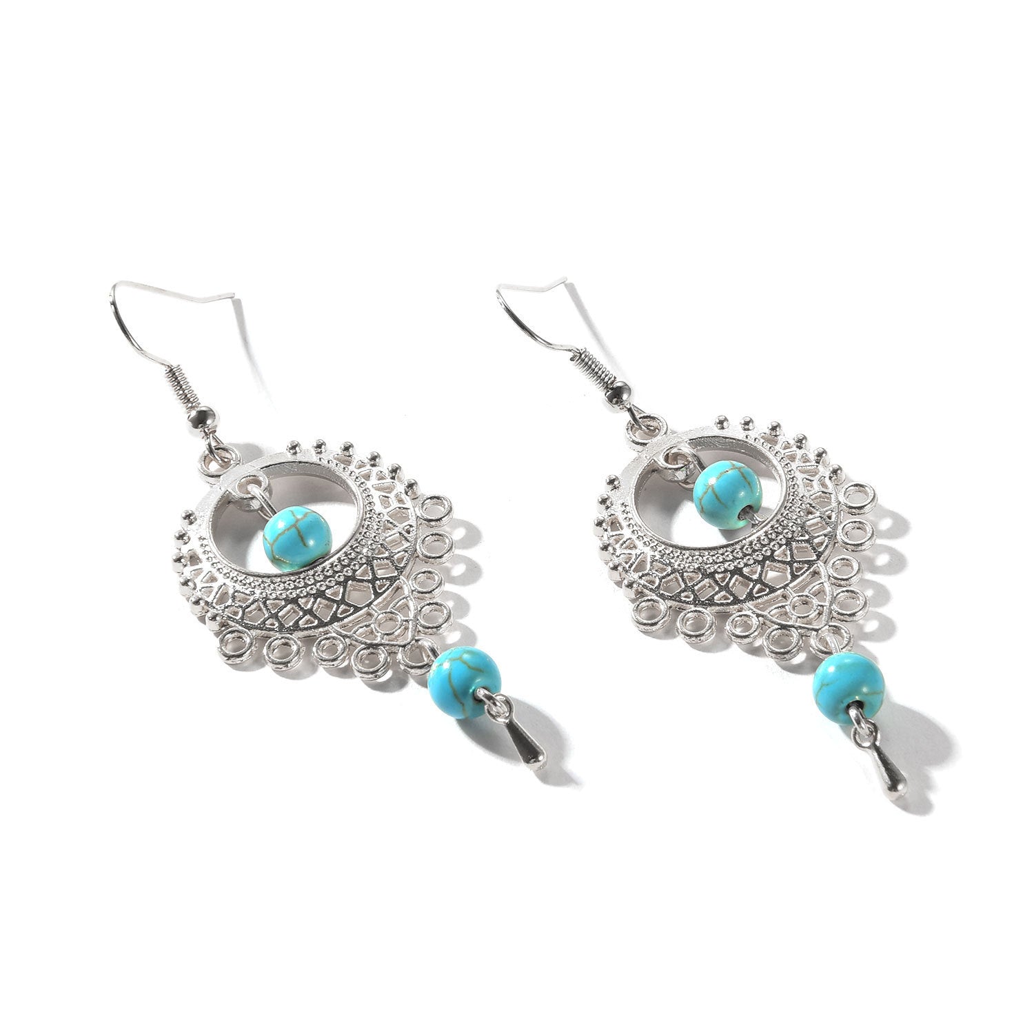 Boho Vintage Turquoise Drop Earrings - Exquisite Hollow Silver Design - Turquoise Glow