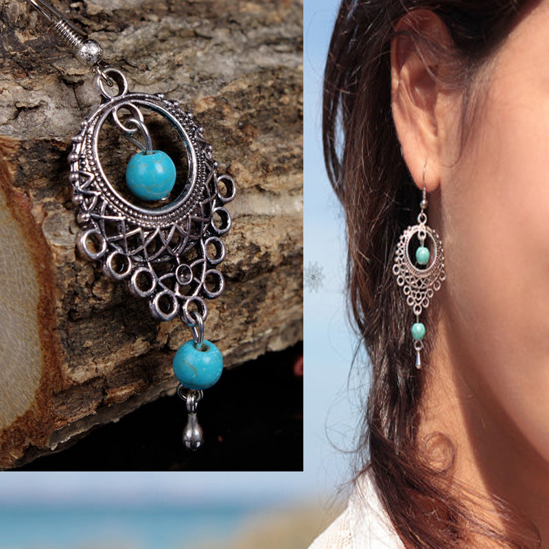 Boho Vintage Turquoise Drop Earrings - Exquisite Hollow Silver Design - Turquoise Glow