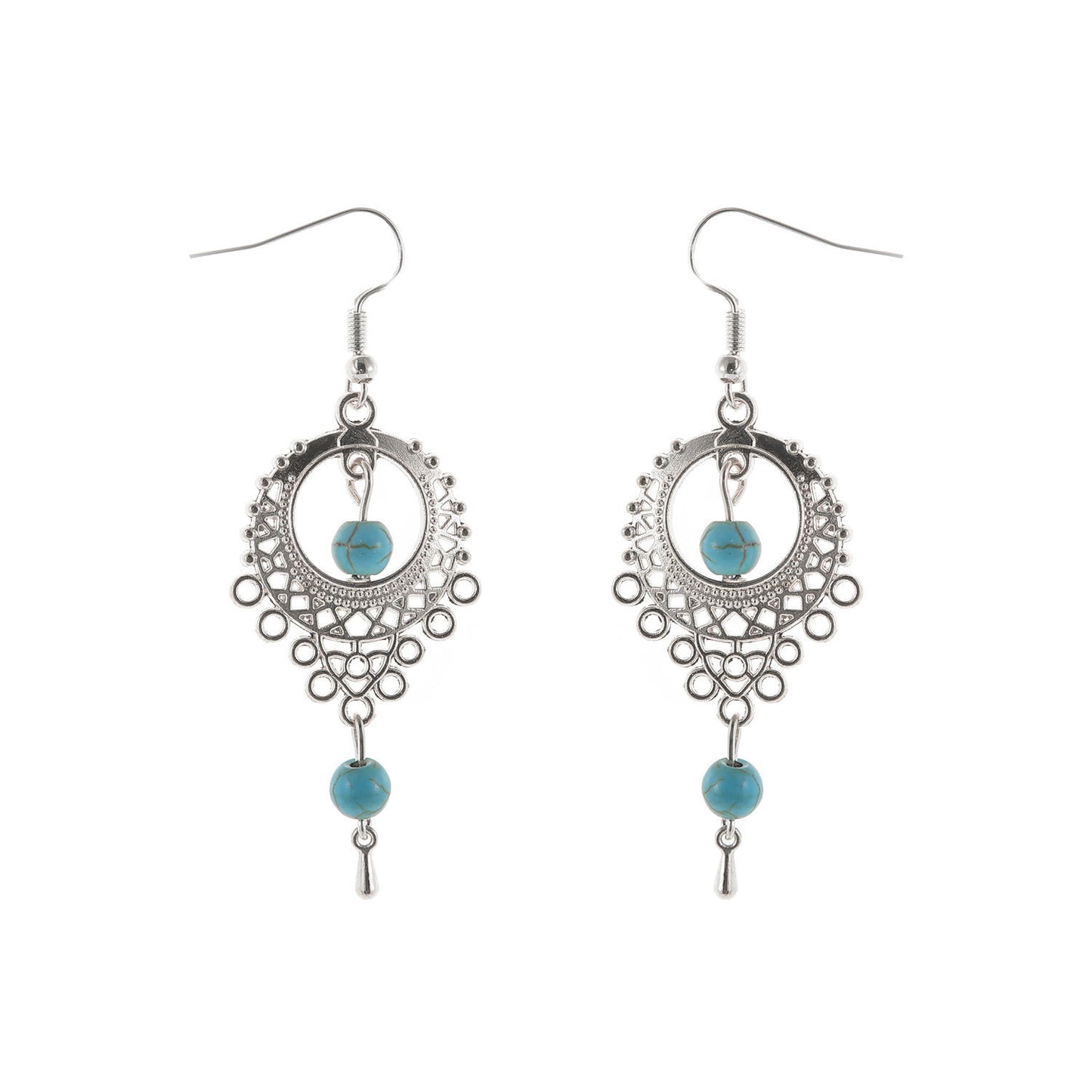 Boho Vintage Turquoise Drop Earrings - Exquisite Hollow Silver Design - Turquoise Glow