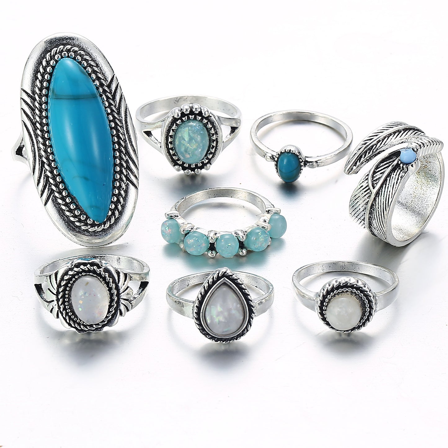 Boho Turquoise Opal Ring Set - 8 Piece Adjustable Jewelry Collection - Turquoise Glow