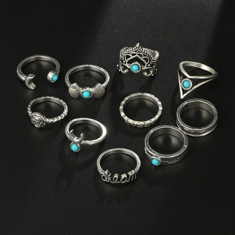 Crescent Turquoise Ring Set - Boho Vintage Stackable Rings (6 Pieces) - Turquoise Glow