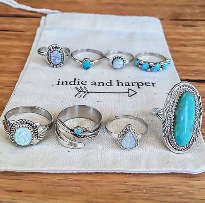 Boho Turquoise Opal Ring Set - 8 Piece Adjustable Jewelry Collection - Turquoise Glow