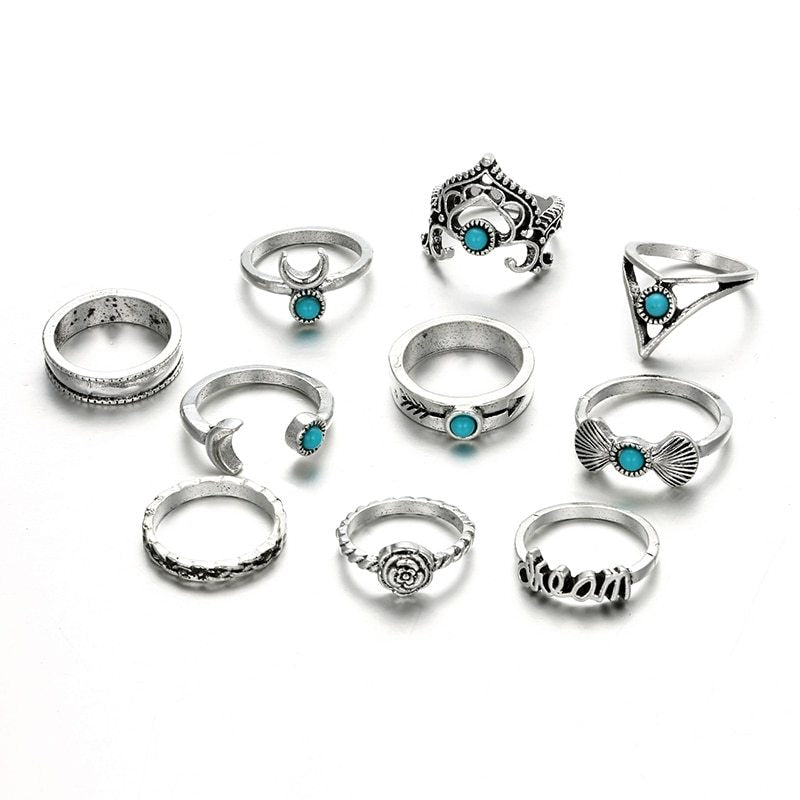 Crescent Turquoise Ring Set - Boho Vintage Stackable Rings (6 Pieces) - Turquoise Glow