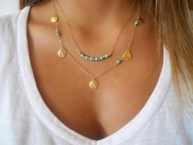 Multi-Layer Round Turquoise pendant Necklace - Boho Chic Layered Jewelry - Turquoise Glow