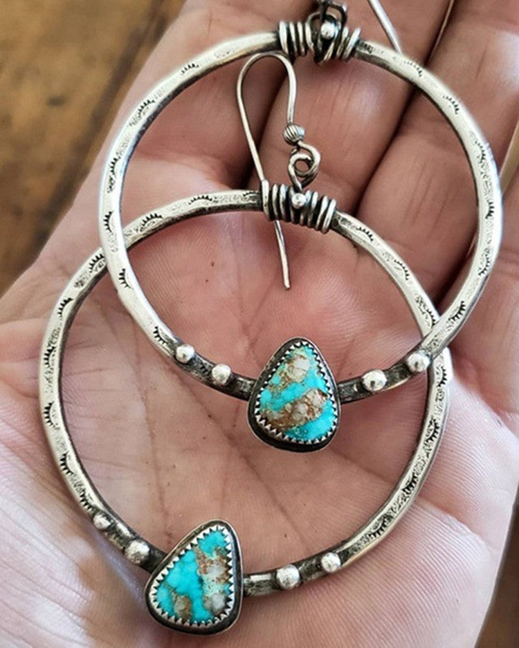 Boho Turquoise Teardrop Hoop Earrings - Vintage Silver Statement Jewelry - Turquoise Glow