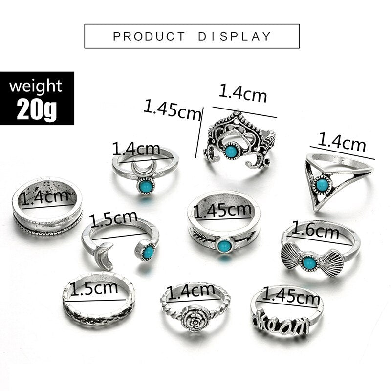 Crescent Turquoise Ring Set - Boho Vintage Stackable Rings (6 Pieces) - Turquoise Glow