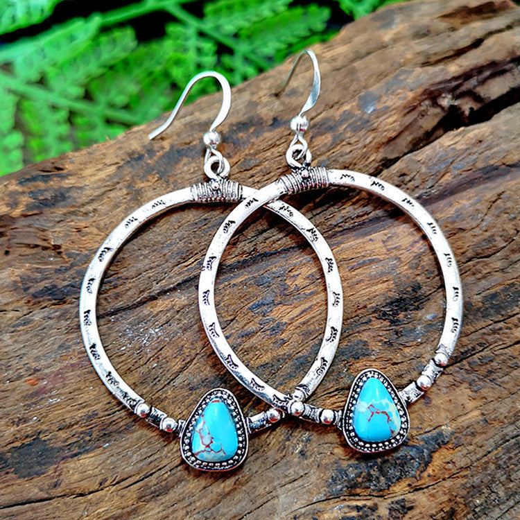 Boho Turquoise Teardrop Hoop Earrings - Vintage Silver Statement Jewelry - Turquoise Glow