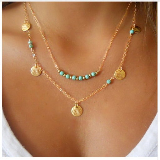 Multi-Layer Round Turquoise pendant Necklace - Boho Chic Layered Jewelry - Turquoise Glow