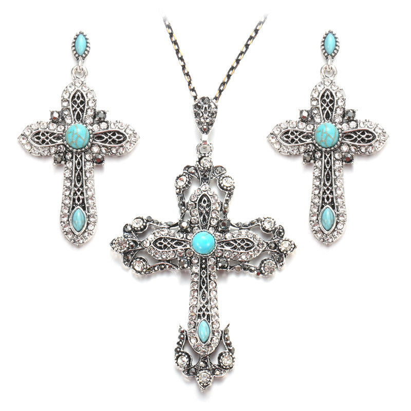 Boho Vintage Cross Jewelry Set - Necklace & Earrings Retro Earrings in Silver - Turquoise Glow