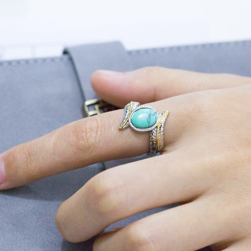Boho Turquoise Feather Ring - Adjustable Vintage Silver Band - Turquoise Glow