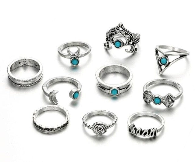 Crescent Turquoise Ring Set - Boho Vintage Stackable Rings (6 Pieces) - Turquoise Glow