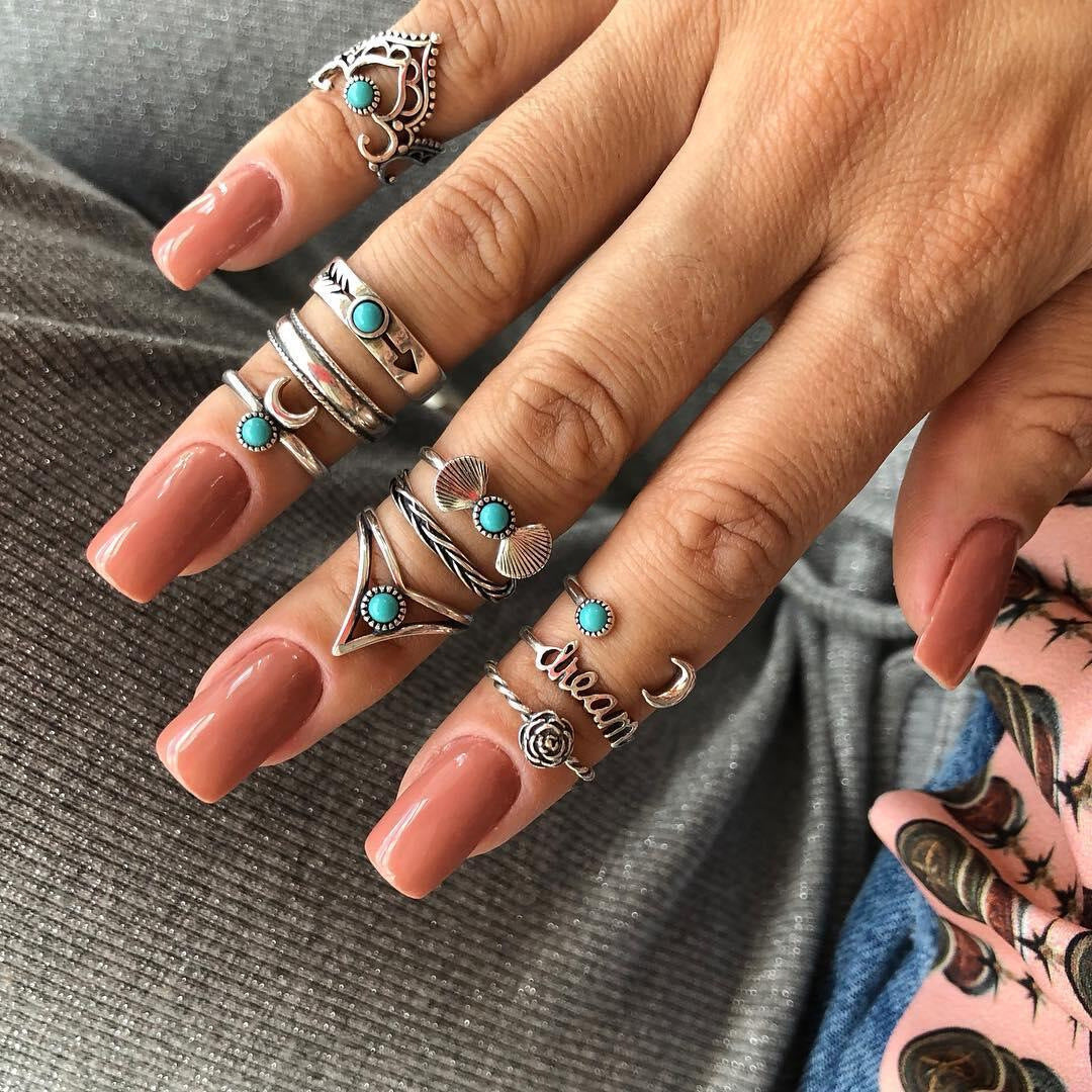 Crescent Turquoise Ring Set - Boho Vintage Stackable Rings (6 Pieces) - Turquoise Glow