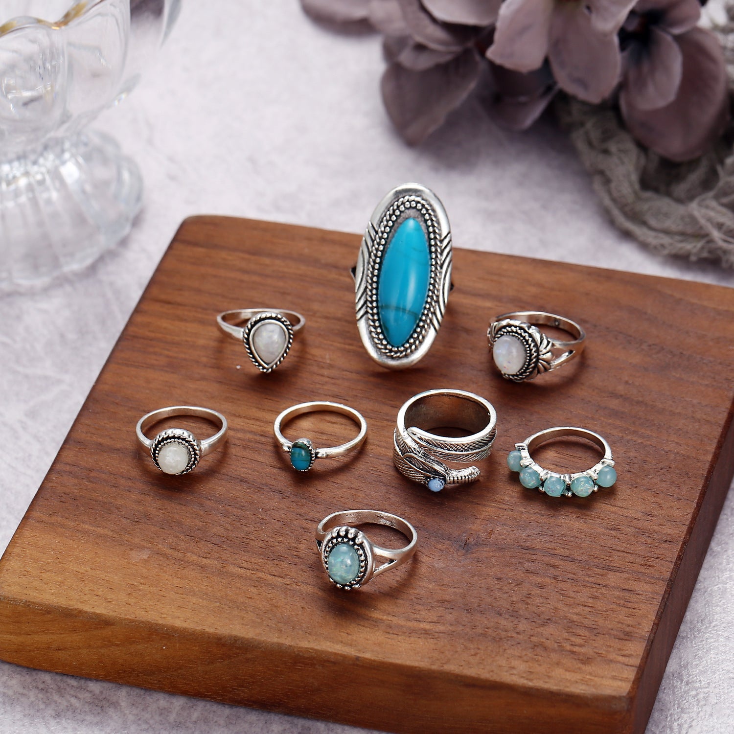 Boho Turquoise Opal Ring Set - 8 Piece Adjustable Jewelry Collection - Turquoise Glow
