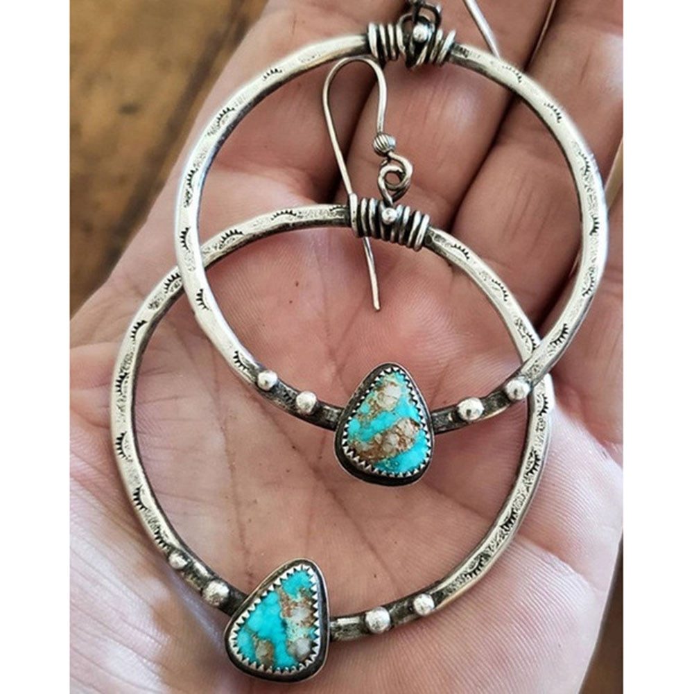 Boho Turquoise Teardrop Hoop Earrings - Vintage Silver Statement Jewelry - Turquoise Glow