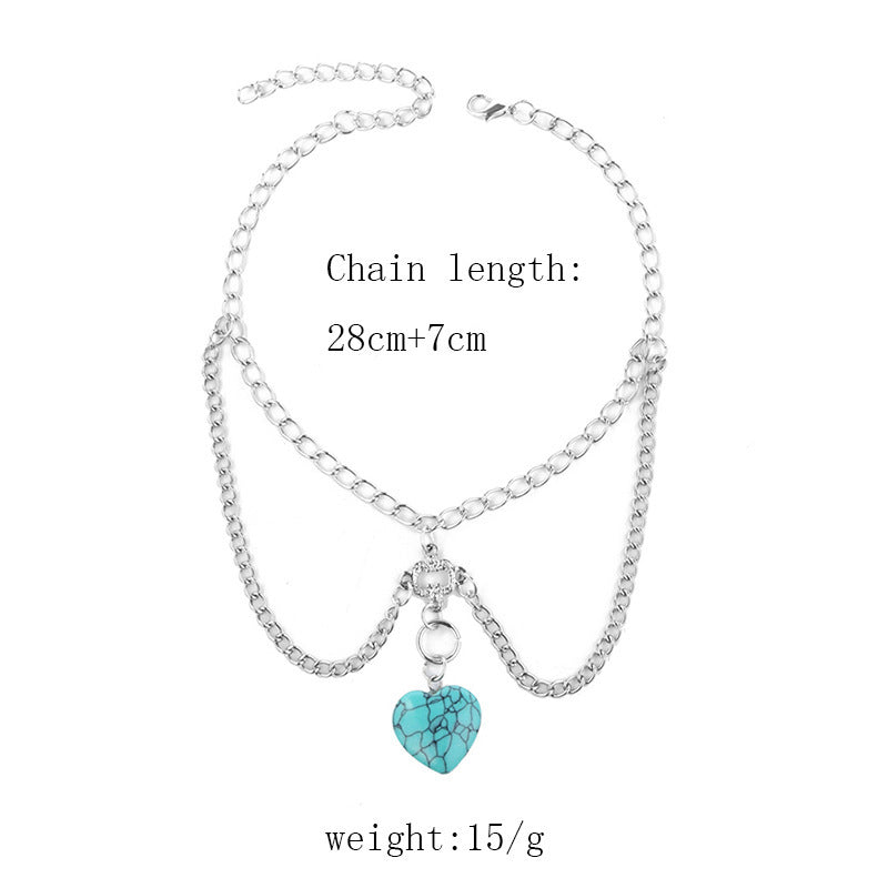 Boho Turquoise Heart Body Chain - Delicate Silver Layered Jewelry - Turquoise Glow