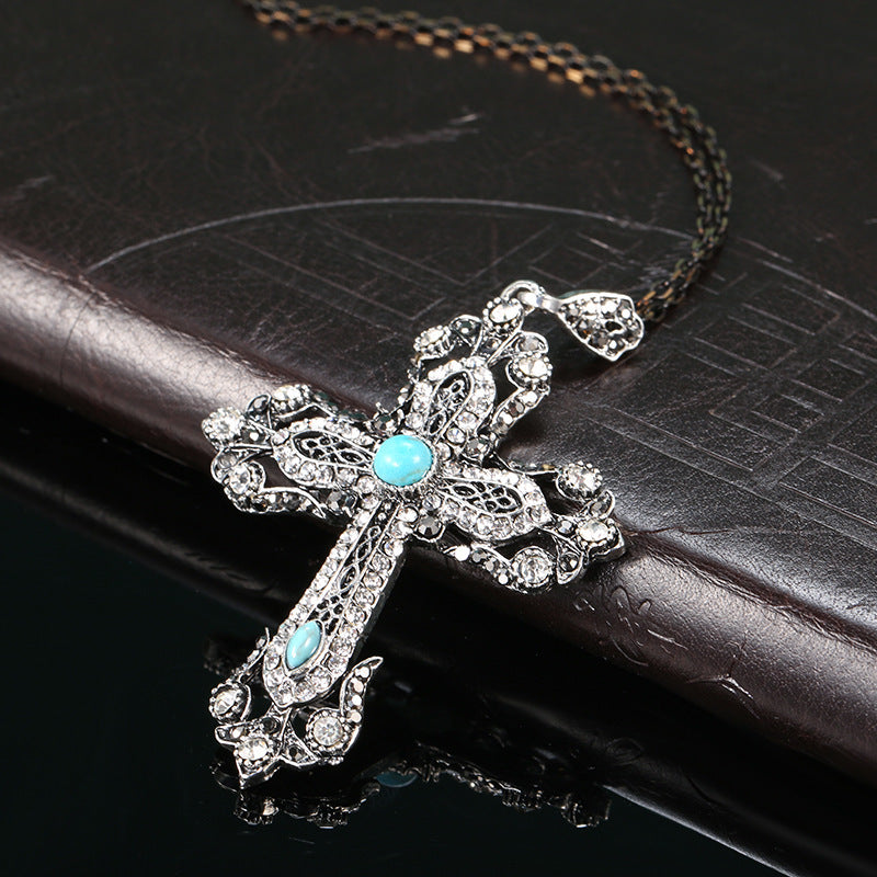 Boho Vintage Cross Jewelry Set - Necklace & Earrings Retro Earrings in Silver - Turquoise Glow