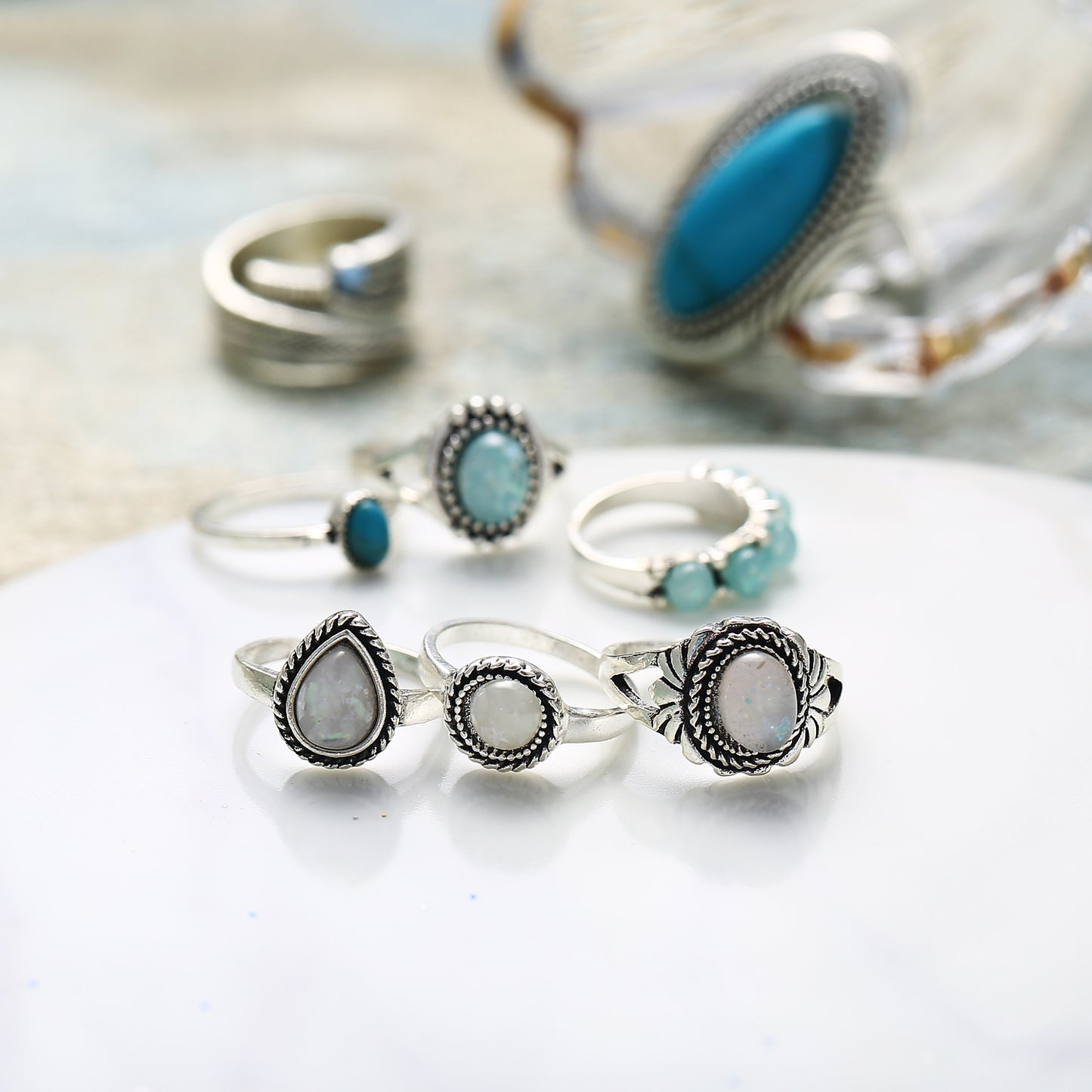 Boho Turquoise Opal Ring Set - 8 Piece Adjustable Jewelry Collection - Turquoise Glow
