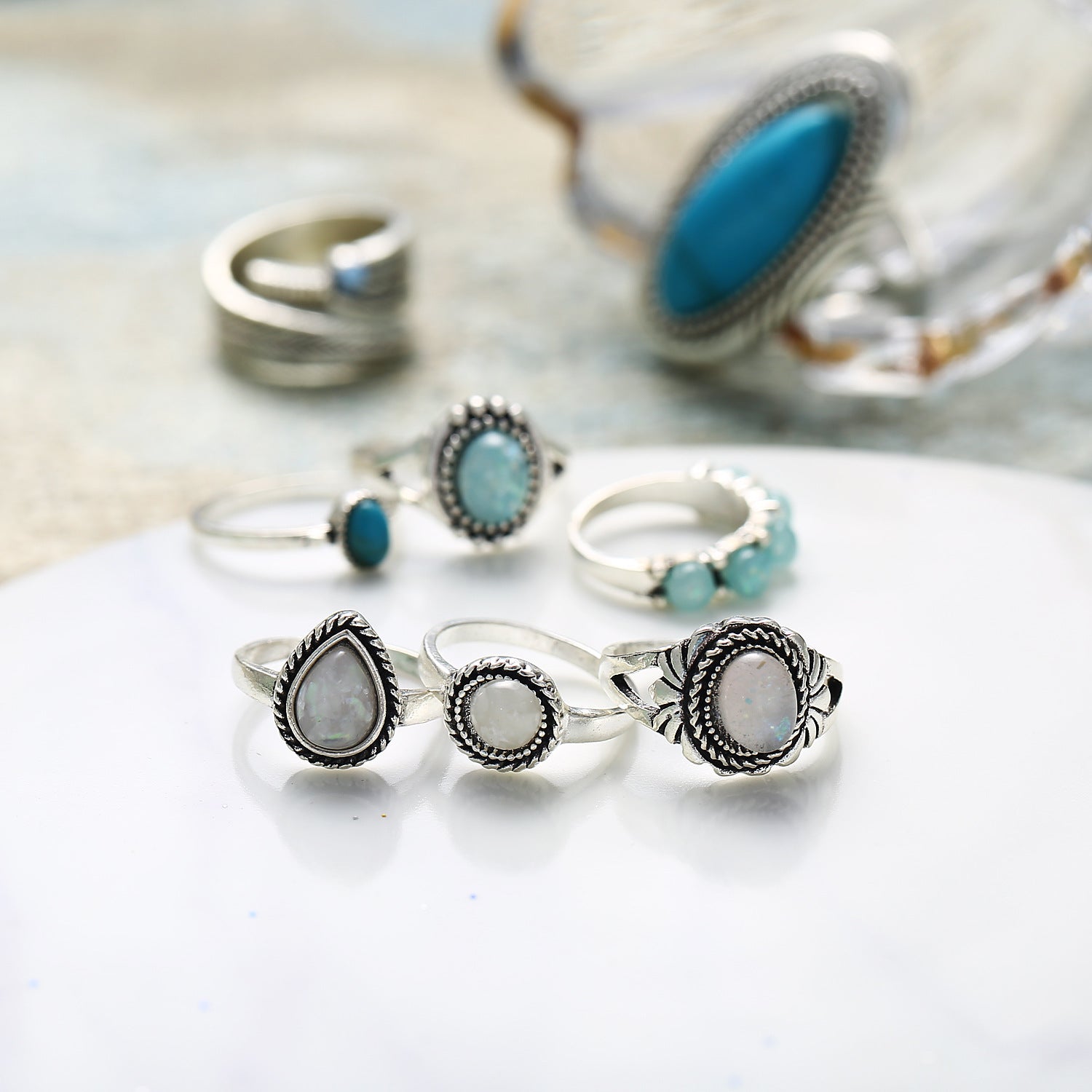 Boho Turquoise Opal Ring Set - 8 Piece Adjustable Jewelry Collection - Turquoise Glow