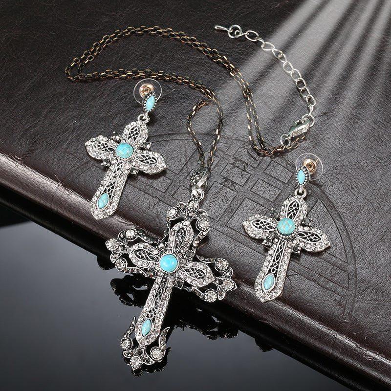 Boho Vintage Cross Jewelry Set - Necklace & Earrings Retro Earrings in Silver - Turquoise Glow