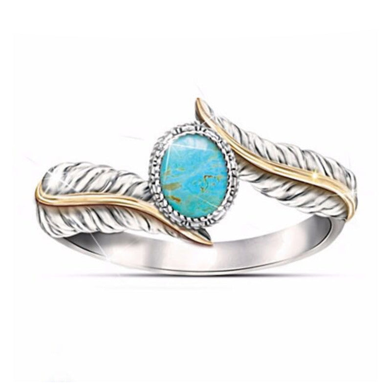 Boho Turquoise Feather Ring - Adjustable Vintage Silver Band - Turquoise Glow