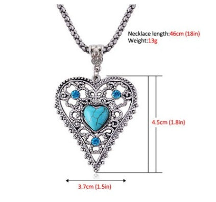 Boho Vintage Turquoise Pendant Necklace - Intricate Silver Hollow Design - Turquoise Glow